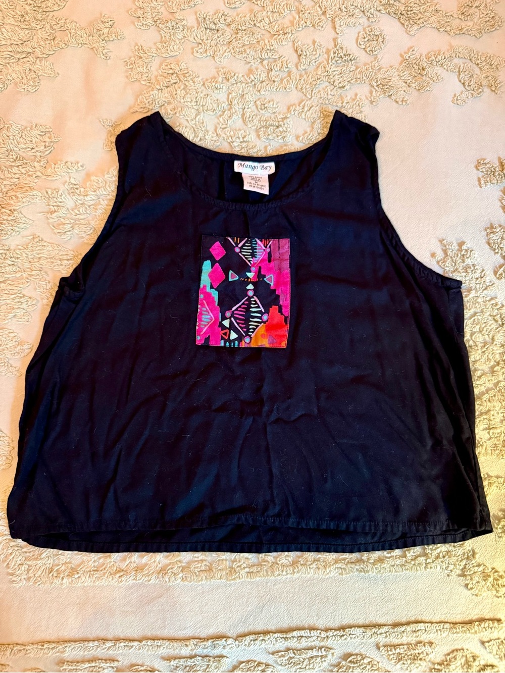 Vintage Mango Bay Black Tank with Bright Pink & Orange Geometric Patch